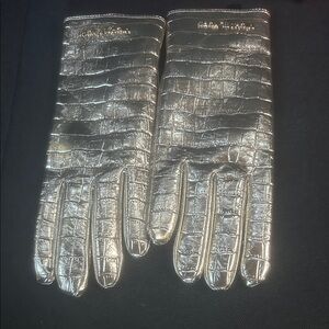 Michael Kors Metallic Silver Croc-Embossed Leather Gloves